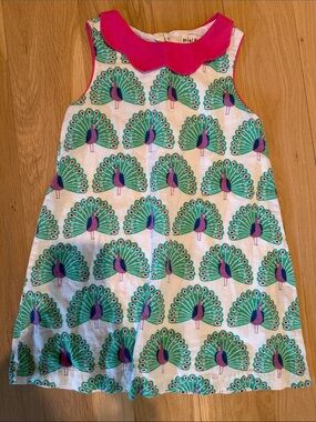 Mini Boden Girls Peacock Print Dress in Pink, Green, Purple